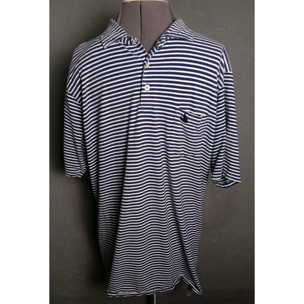B Draddy Polo Shirt Men's Largw Blue Striped Pocket Logo Golf  Pima Cotton EUC